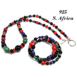 South African Gemstone Necklace Bracelet Set, Stamped 925, 1990s Vintage Jewelry